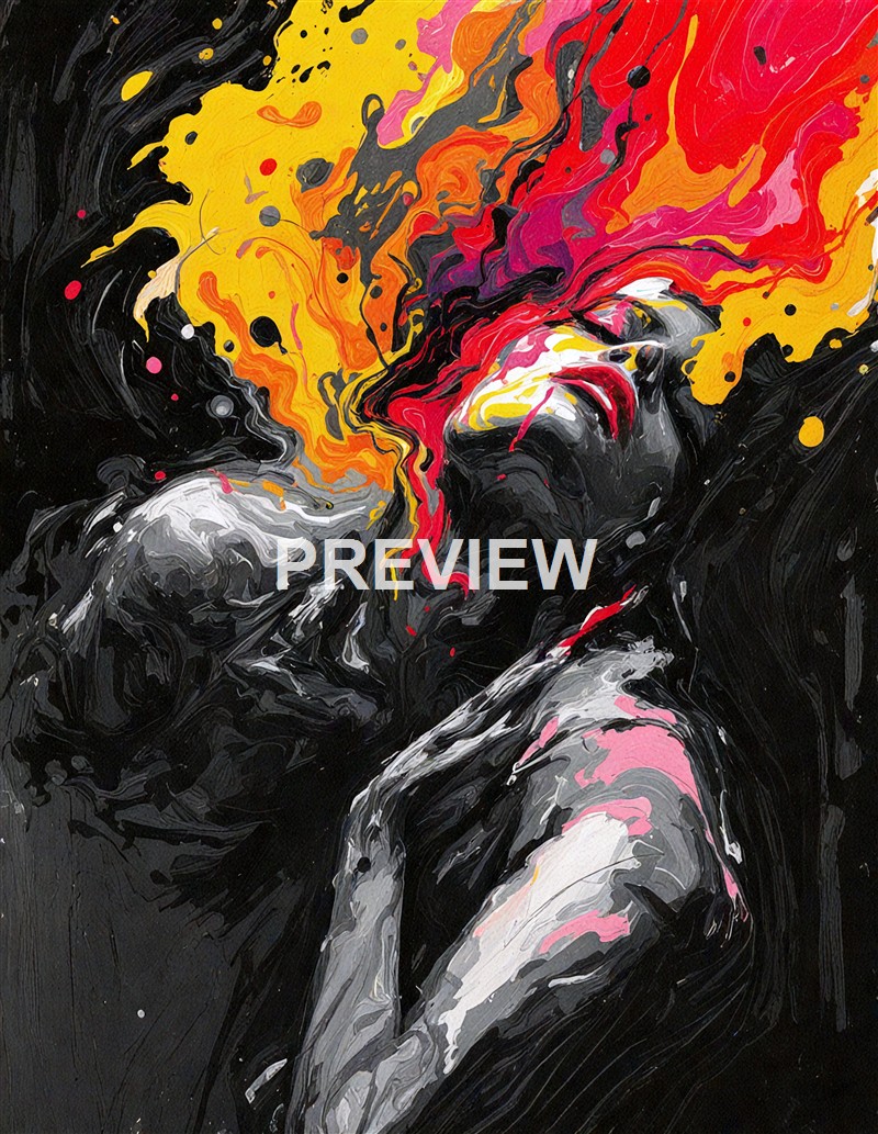 An abstract painting of a woman with flowing hair, where the hair is depicted with vibrant yellow, red, and pink swirls, blending into a dark background, and her face and hand are rendered in shades of black, white, and gray with expressive brushstrokes.
